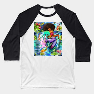 Mermaid holding a jellyfish with Koi fish in koi pond with plants and flowers black African American mermaid Baseball T-Shirt